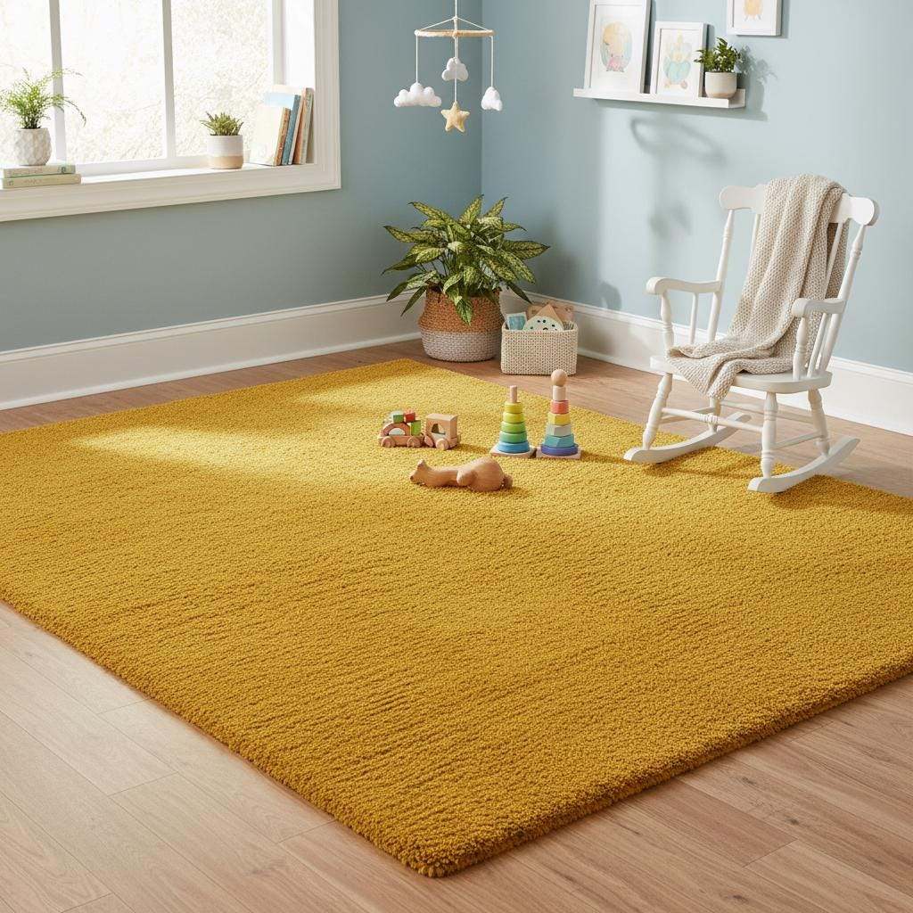 Mustard yellow area rug with retro mid-century design and modern low pile for living room decor