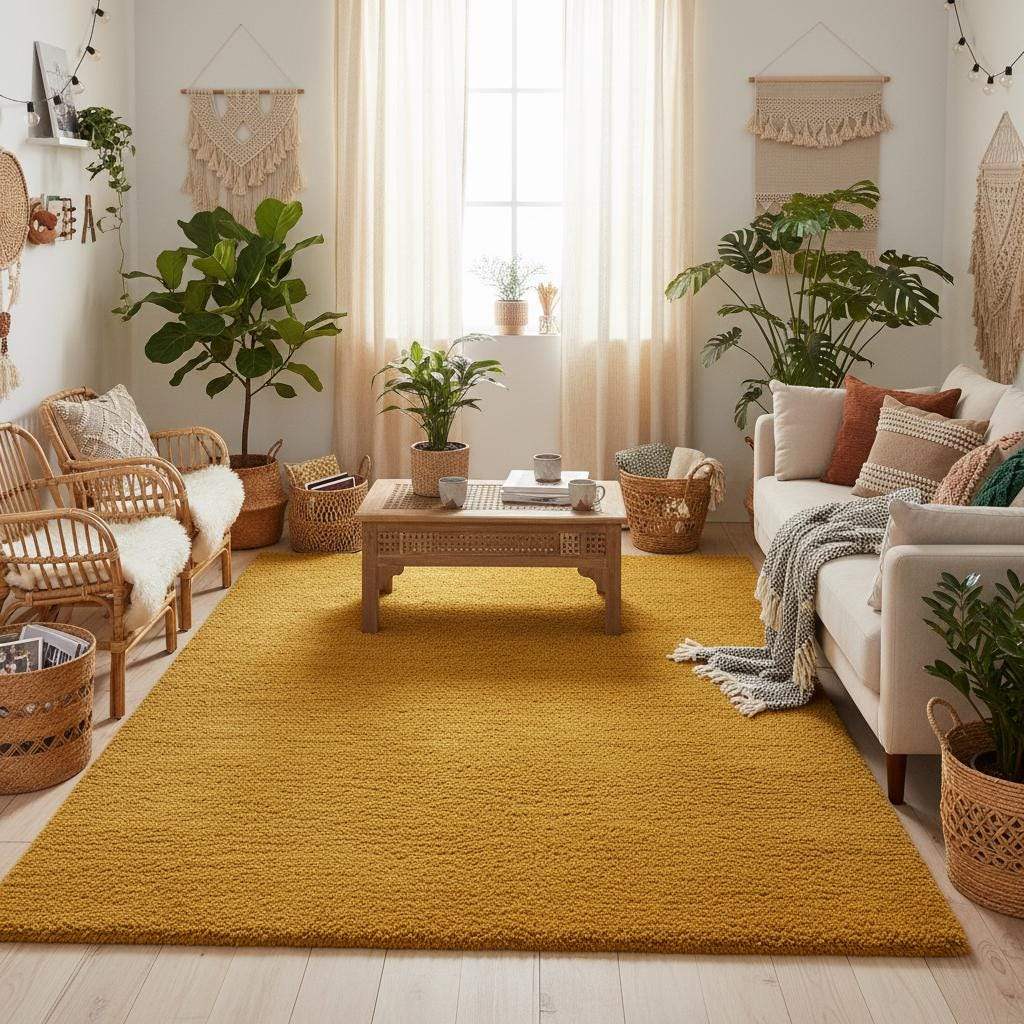 Mustard yellow area rug with modern low pile and retro mid century design for living room decor