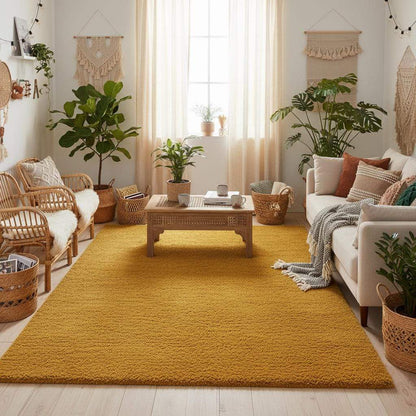Mustard yellow area rug with modern low pile and retro mid century design for living room decor