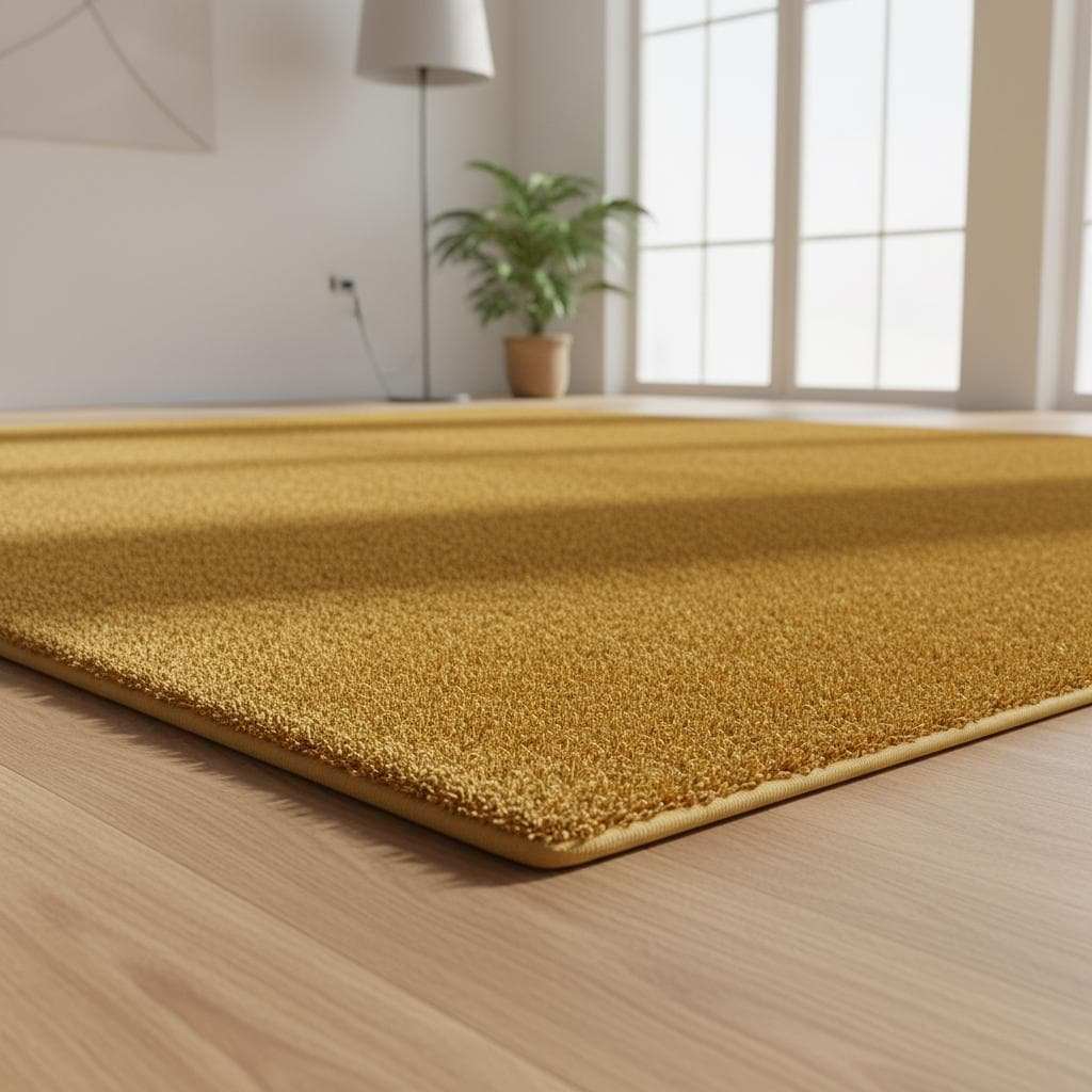 Mustard yellow area rug with retro mid-century design and modern low pile for cozy living room decor