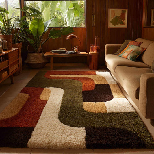 Mid century modern rug with plush thick pile and geometric pattern in warm earthy tones