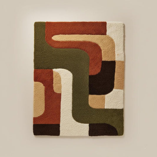 Mid Century Modern Retro Rug – Geometric Arc Area Rug | Plush Thick Pile Carpet Teppich | Terracotta Mustard Olive Brown Rug