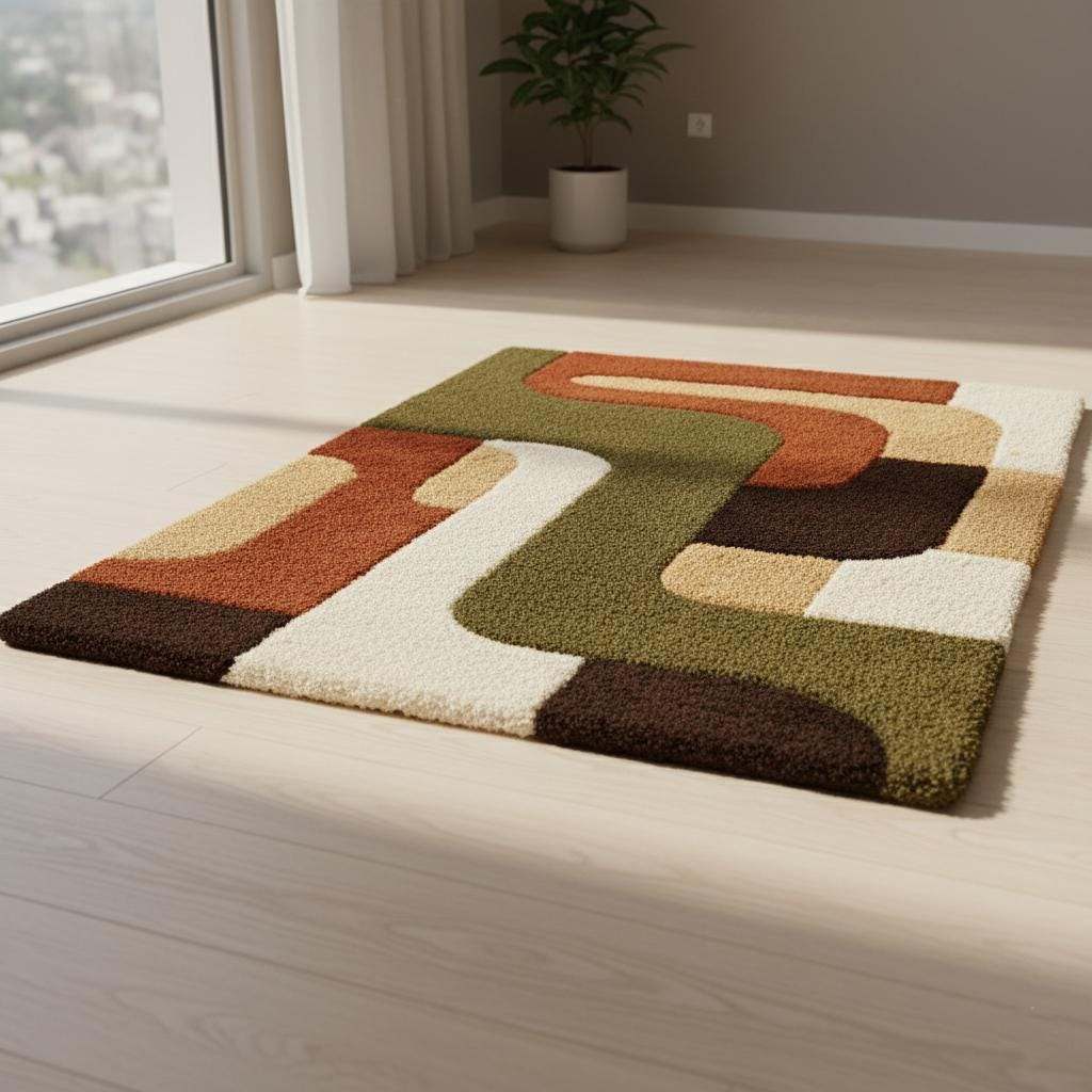 5x7 mid century modern rug with plush thick carpet and warm earthy geometric pattern