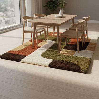 5x7 mid century modern rug with plush thick pile and geometric warm earthy palette design
