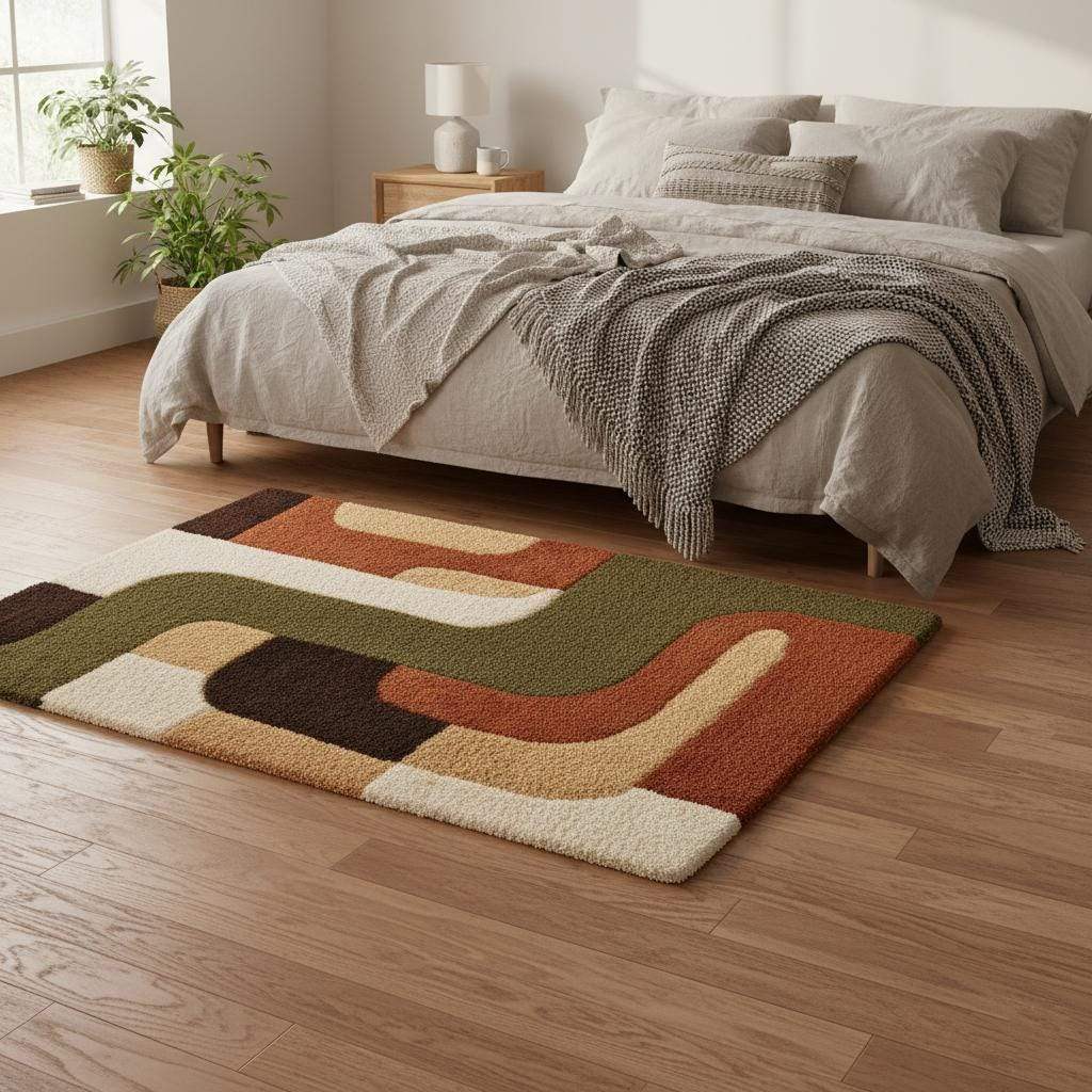 5x7 mid century modern rug with plush thick pile and geometric warm earthy palette design