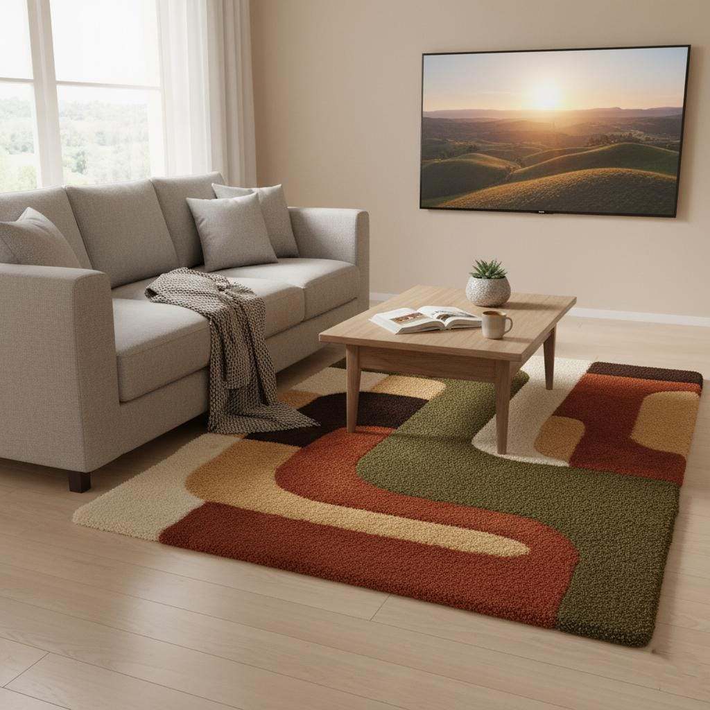 5x7 mid century modern rug with plush thick pile and geometric earthy tones design