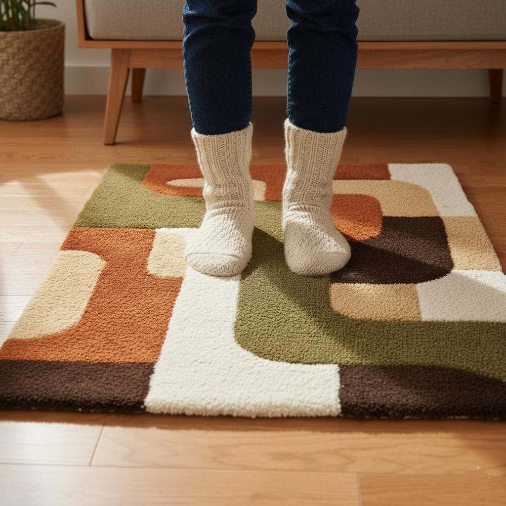 5x7 mid century modern rug with plush thick pile and geometric warm earthy tones