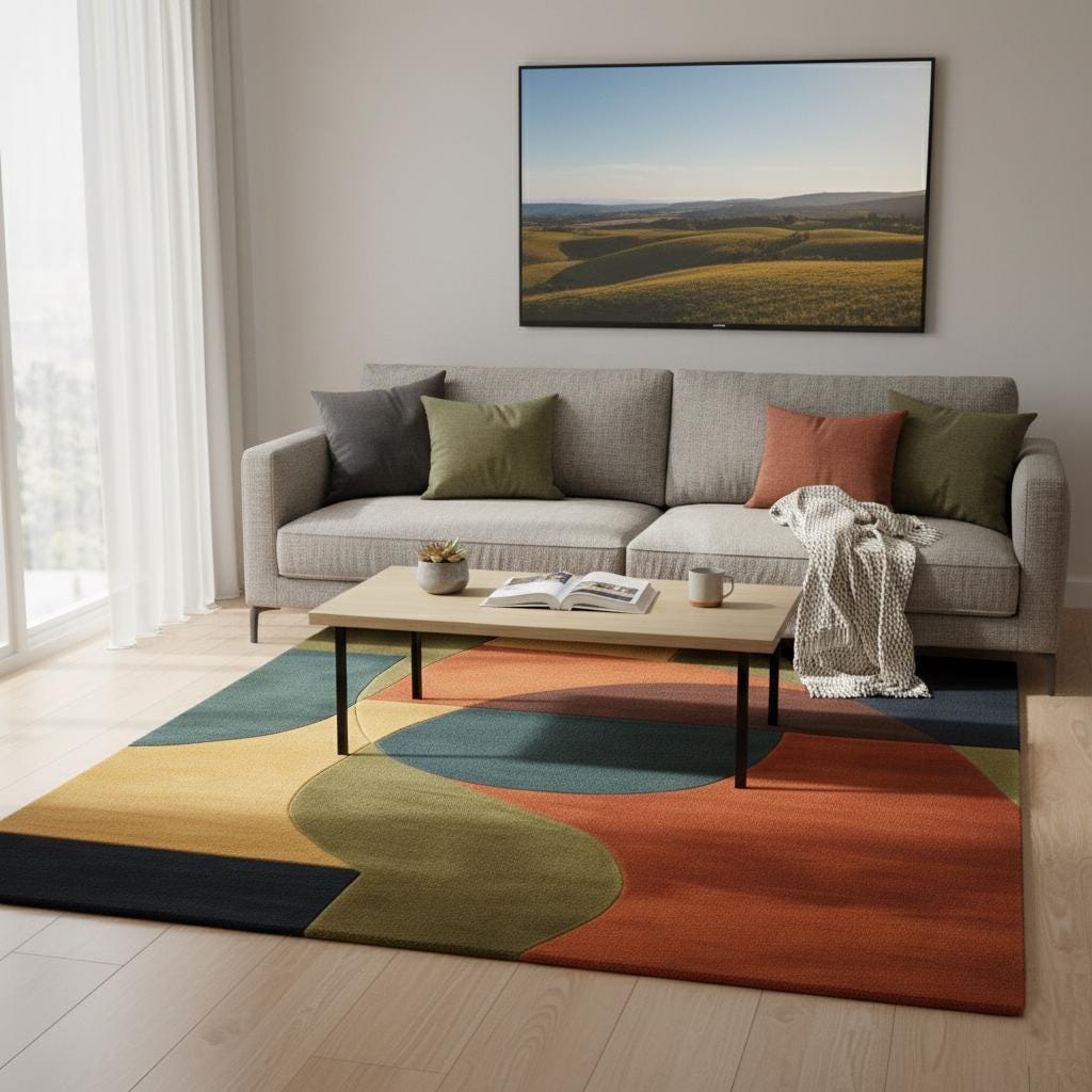 Mid century modern rug with retro geometric wool design in navy, mustard, burnt orange, and olive colors, hand tufted shag carpet