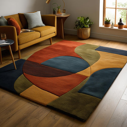 Mid century modern rug with retro geometric wool design in navy, mustard, and burnt orange tones