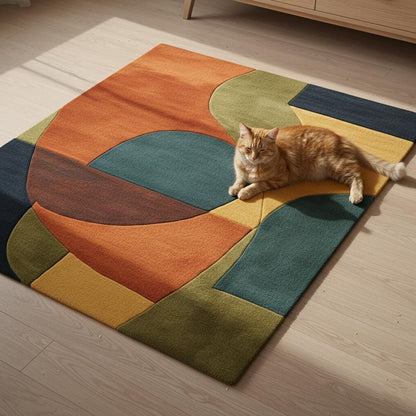 Mid century modern rug with retro geometric wool shag design in navy, mustard, burnt orange, and olive tones