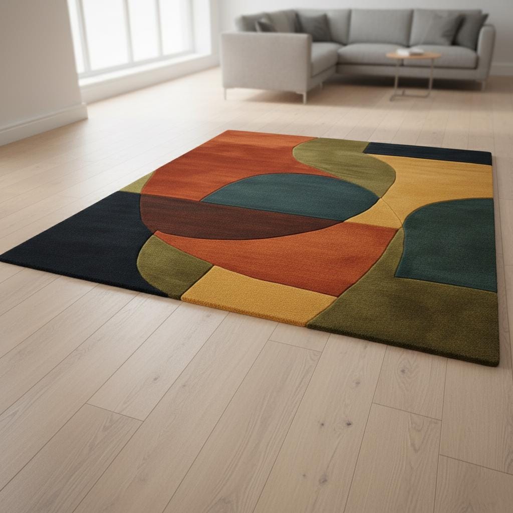 Handmade mid century modern wool rug with retro geometric pattern in navy, mustard, burnt orange, and olive tones