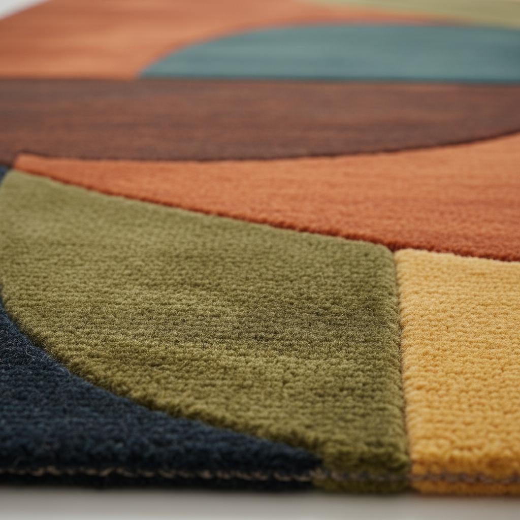 Handmade mid century modern rug with retro geometric wool design in navy, mustard, burnt orange, and olive hues