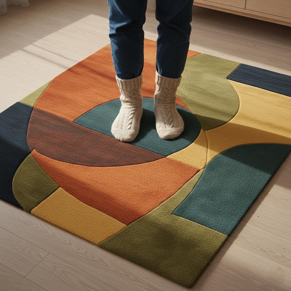 Mid century modern rug with retro geometric wool design in navy, mustard, burnt orange, and olive hues