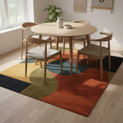Mid century modern rug with retro geometric wool design in navy, mustard, burnt orange, and olive tones