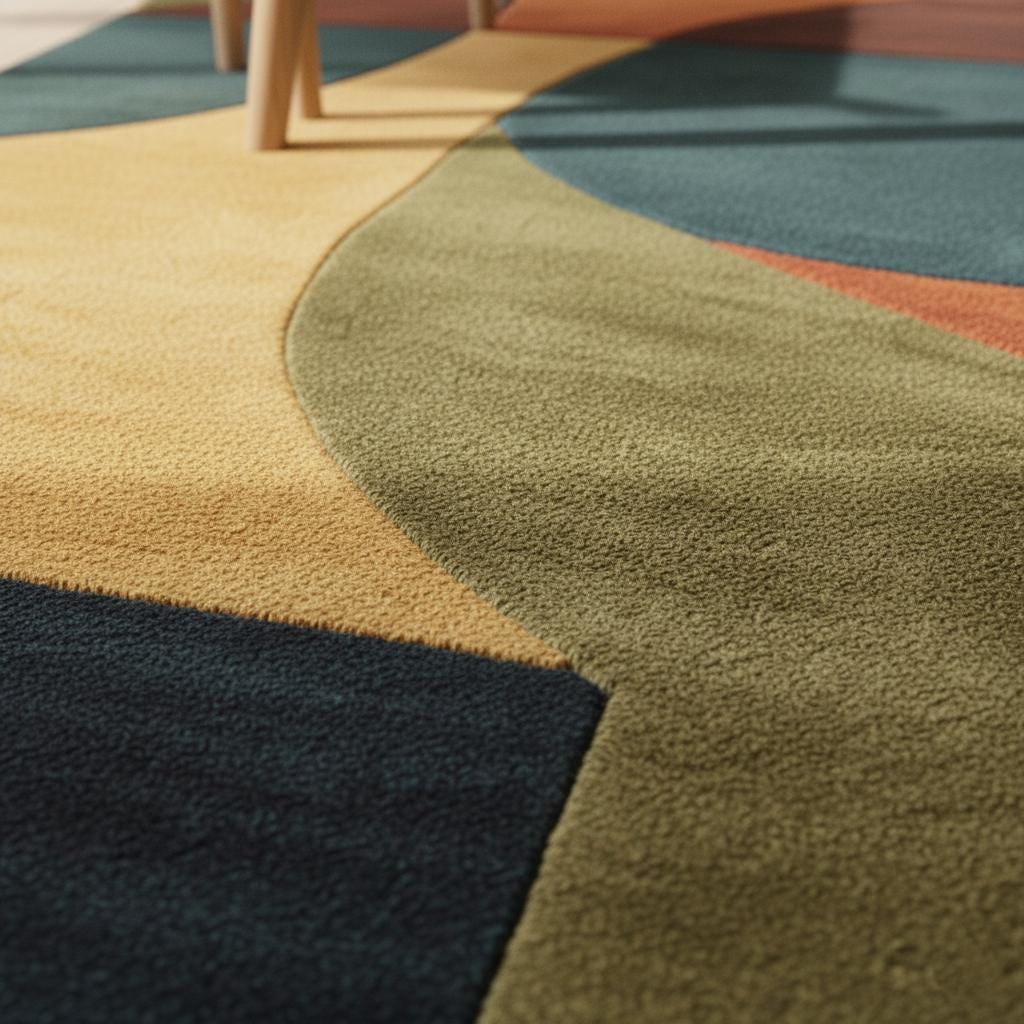 Mid century modern rug with retro geometric pattern in navy, mustard, burnt orange, and olive wool shag carpet