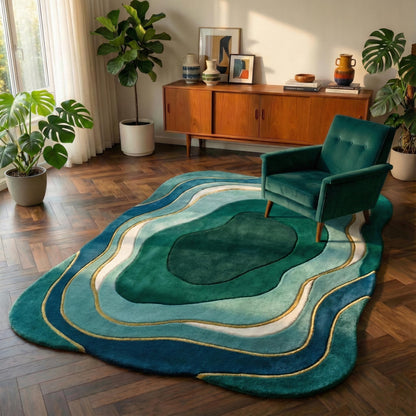 Mid century modern rug with organic teal green abstract design and plush durable fibers