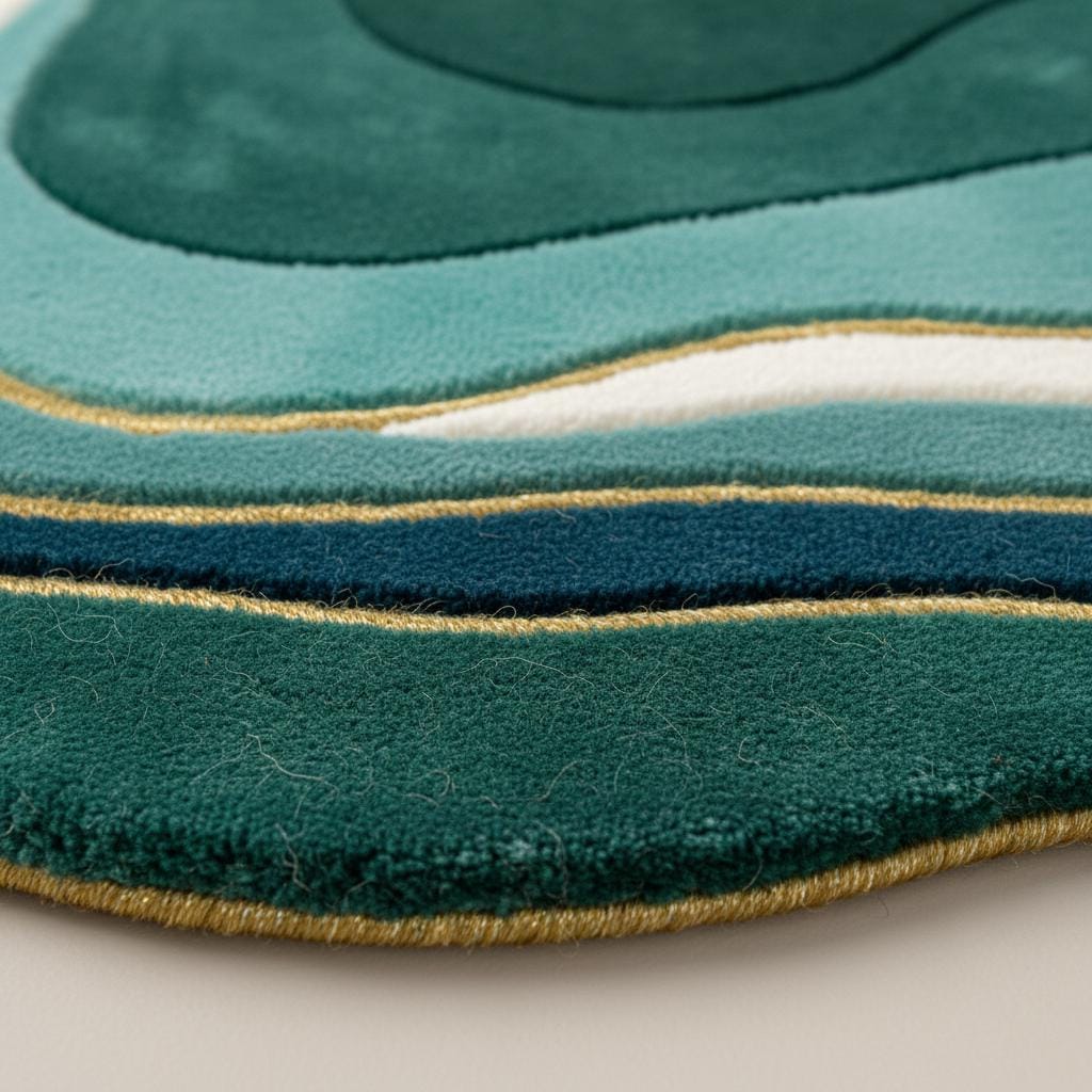 Mid Century Modern Wavy Area Rug | Irregular Shaped Rug | Organic Abstract Teal Green Carpet, Retro Curved Gift Rugs for Living Room