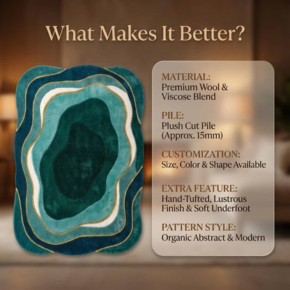 Mid Century Modern Wavy Area Rug | Irregular Shaped Rug | Organic Abstract Teal Green Carpet, Retro Curved Gift Rugs for Living Room