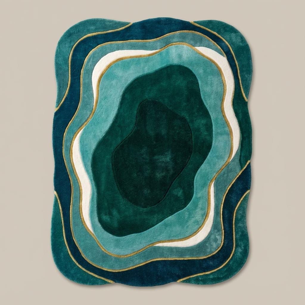 Mid Century Modern Wavy Area Rug | Irregular Shaped Rug | Organic Abstract Teal Green Carpet, Retro Curved Gift Rugs for Living Room