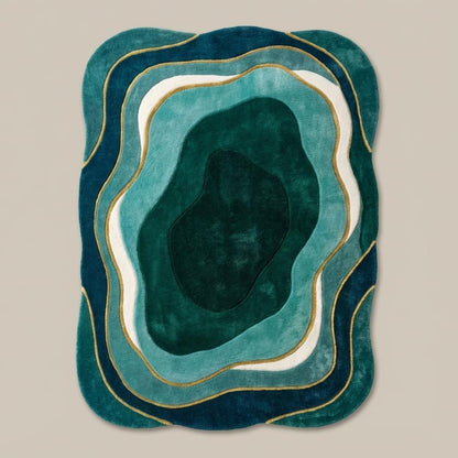 Mid Century Modern Wavy Area Rug | Irregular Shaped Rug | Organic Abstract Teal Green Carpet, Retro Curved Gift Rugs for Living Room