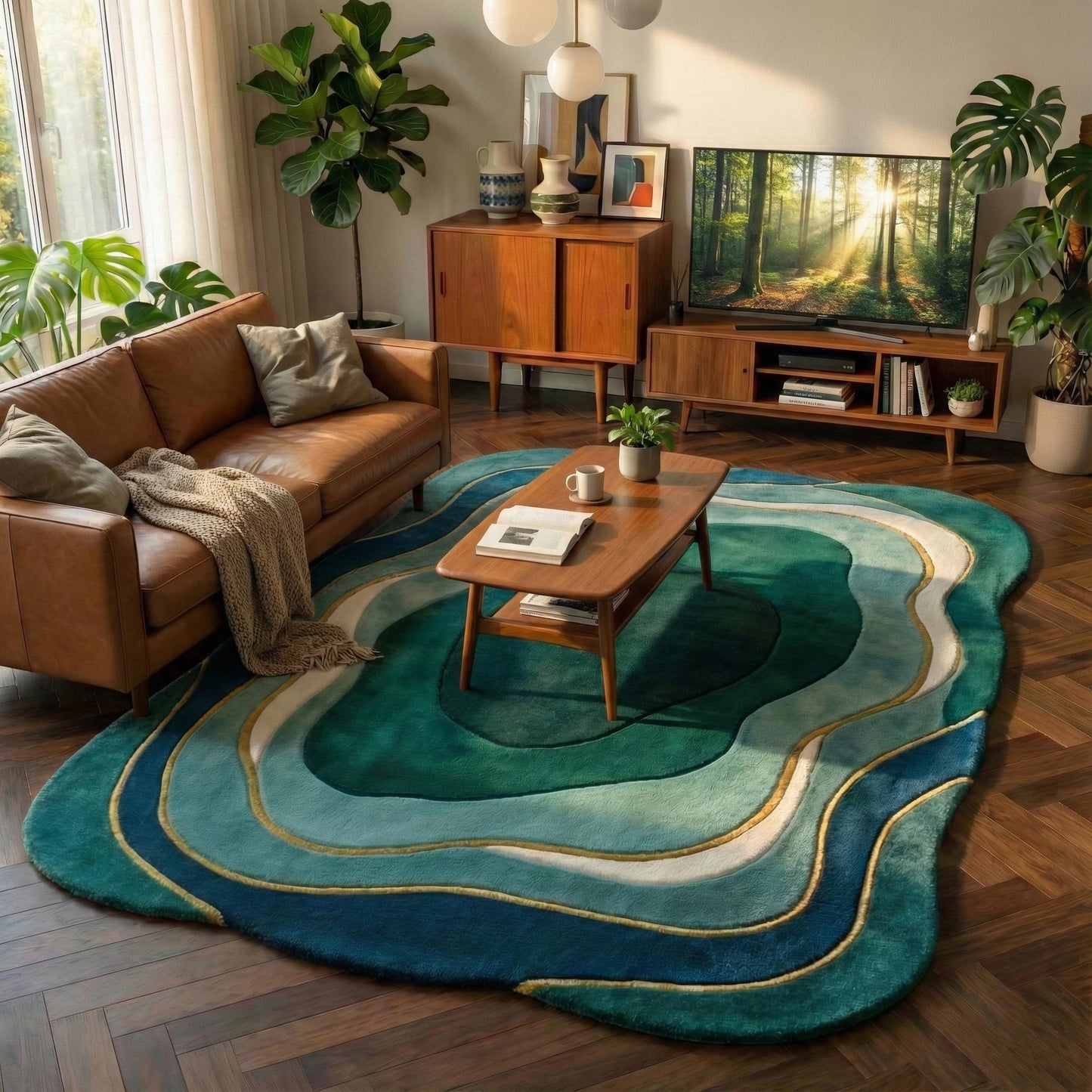 Mid Century Modern Wavy Area Rug | Irregular Shaped Rug | Organic Abstract Teal Green Carpet, Retro Curved Gift Rugs for Living Room