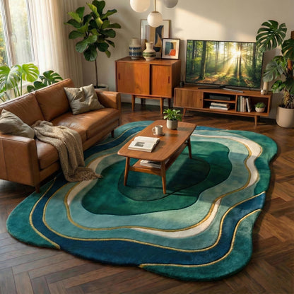 Mid Century Modern Wavy Area Rug | Irregular Shaped Rug | Organic Abstract Teal Green Carpet, Retro Curved Gift Rugs for Living Room