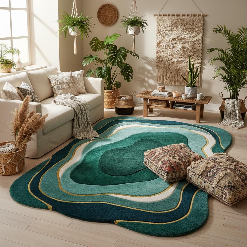 Mid Century Modern Wavy Area Rug | Irregular Shaped Rug | Organic Abstract Teal Green Carpet, Retro Curved Gift Rugs for Living Room