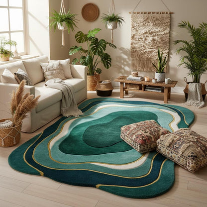 Mid Century Modern Wavy Area Rug | Irregular Shaped Rug | Organic Abstract Teal Green Carpet, Retro Curved Gift Rugs for Living Room