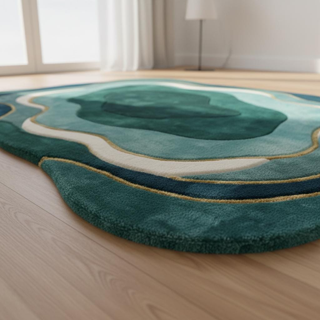 Mid Century Modern Wavy Area Rug | Irregular Shaped Rug | Organic Abstract Teal Green Carpet, Retro Curved Gift Rugs for Living Room