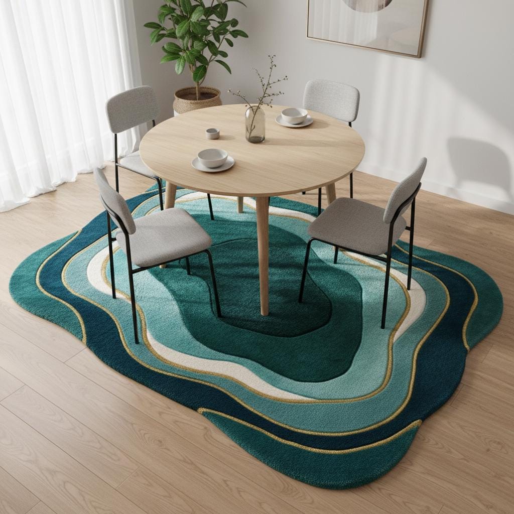 Mid Century Modern Wavy Area Rug | Irregular Shaped Rug | Organic Abstract Teal Green Carpet, Retro Curved Gift Rugs for Living Room