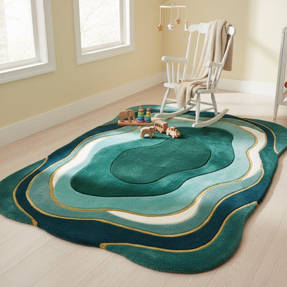 Mid Century Modern Wavy Area Rug | Irregular Shaped Rug | Organic Abstract Teal Green Carpet, Retro Curved Gift Rugs for Living Room
