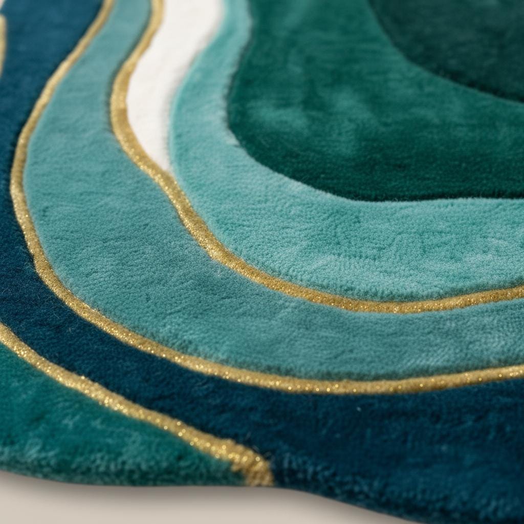 Mid Century Modern Wavy Area Rug | Irregular Shaped Rug | Organic Abstract Teal Green Carpet, Retro Curved Gift Rugs for Living Room
