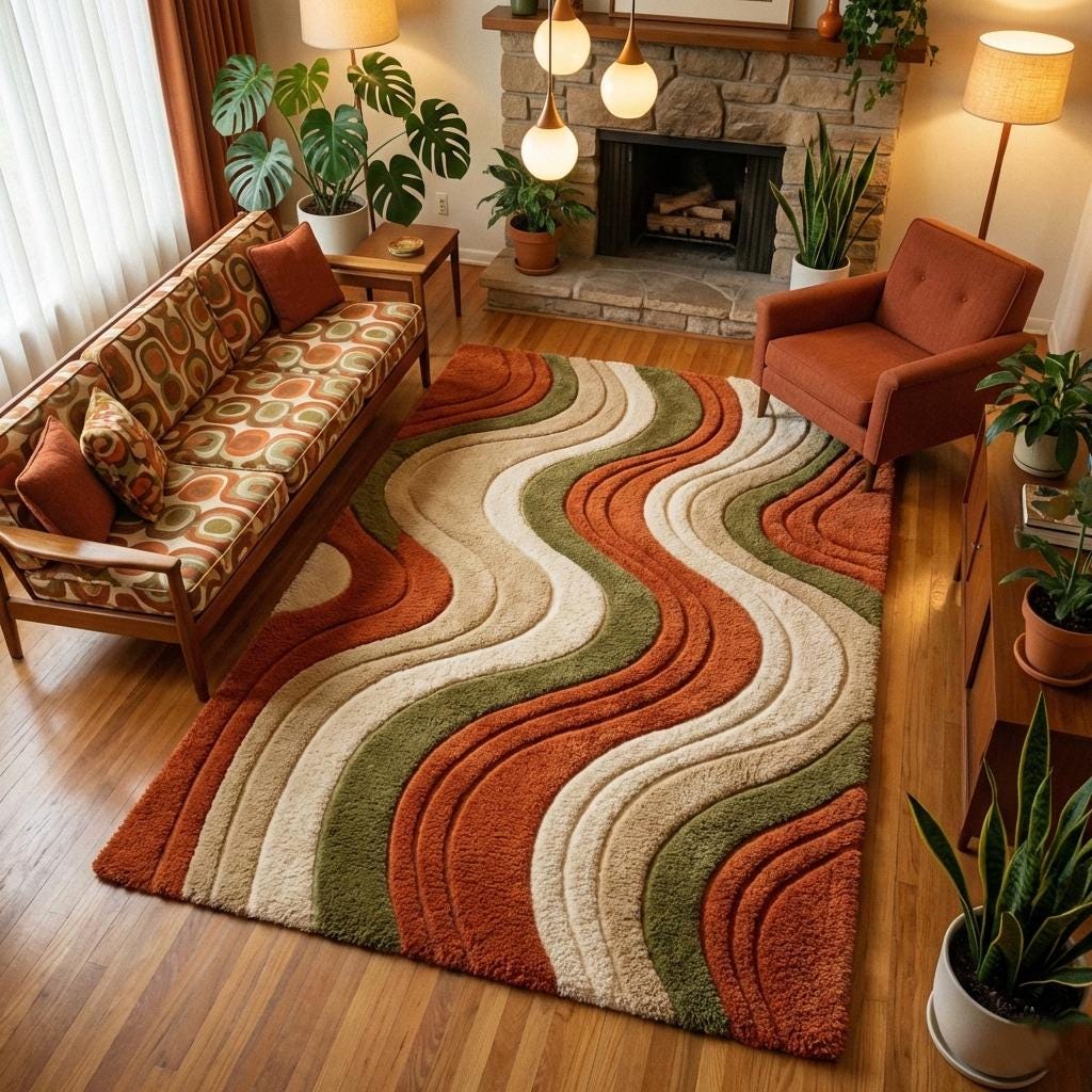 Mid century abstract wavy stripe wool area rug with warm terracotta and olive tones