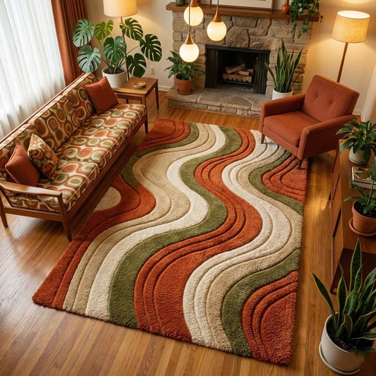 Mid century abstract wavy stripe wool area rug with warm terracotta and olive tones