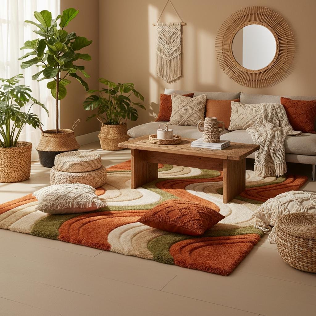 Retro style living room interior styled with mid century abstract area rug and warm wooden furniture.