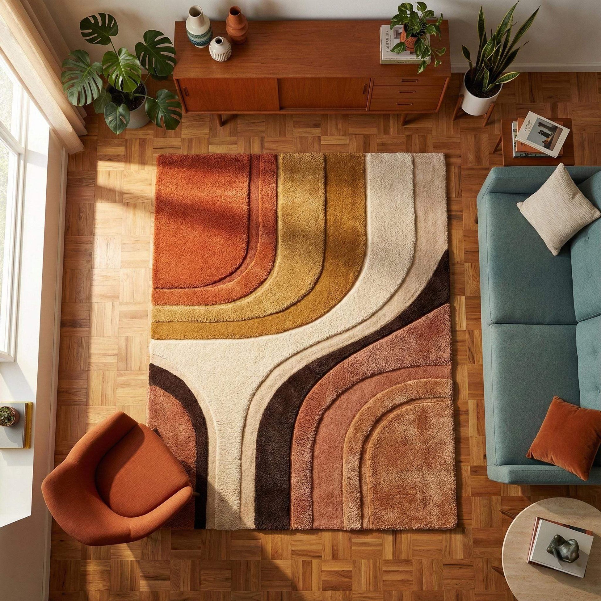 Mid Century Modern Abstract Area Rug with terracotta, mustard, and cream geometric design, hand tufted plush texture for retro living room decor