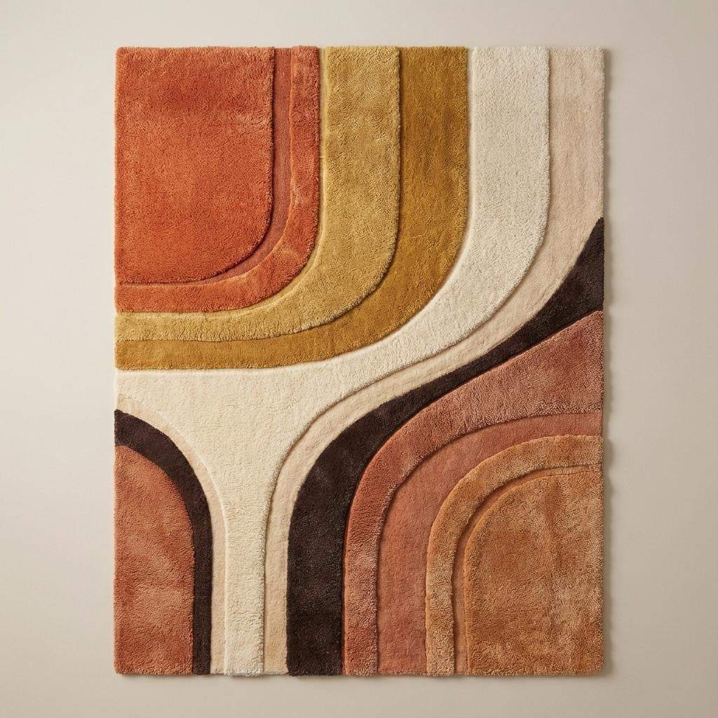 Retro modern hand tufted area rug placed in a living room with sofa and accent chair, warm tones enhancing mid century decor