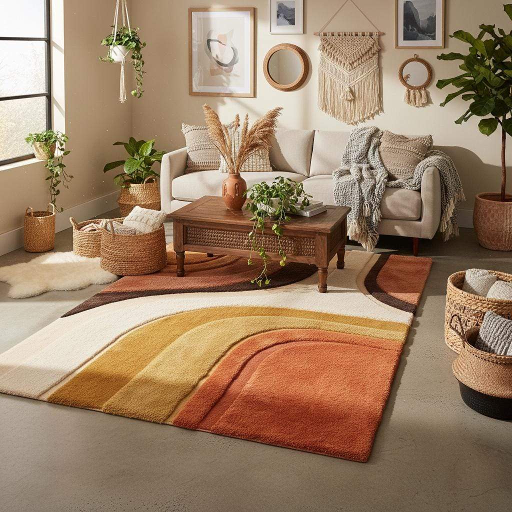 Abstract geometric rug design with flowing curved arches, layered shapes, and hand-carved detailing in earthy color palette