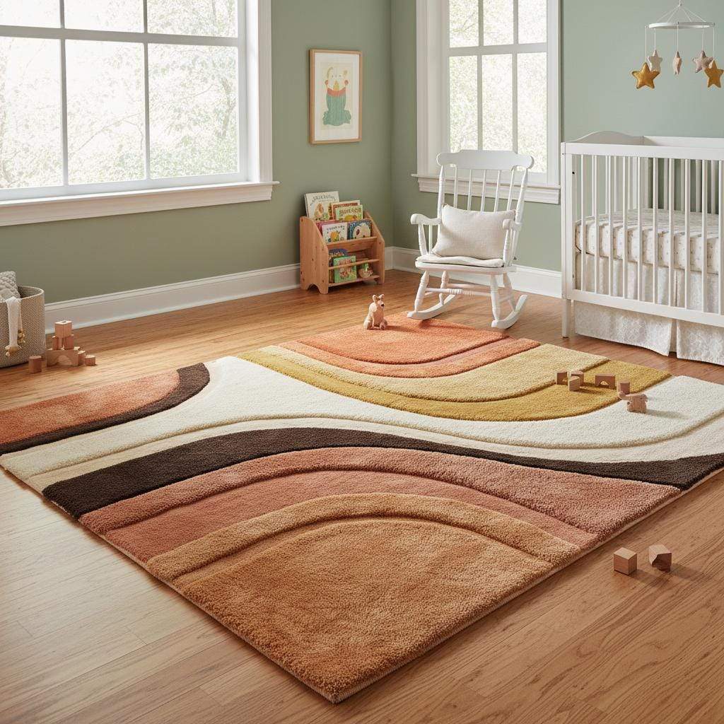 Modern area rug featuring terracotta, mustard yellow, cream, beige and dark brown tones blended in a retro abstract pattern
