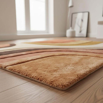 Mid Century Modern Abstract Area Rug, Hand Tufted Plush Retro Living Room Rug in Terracotta Mustard Cream, Geometric Home Decor