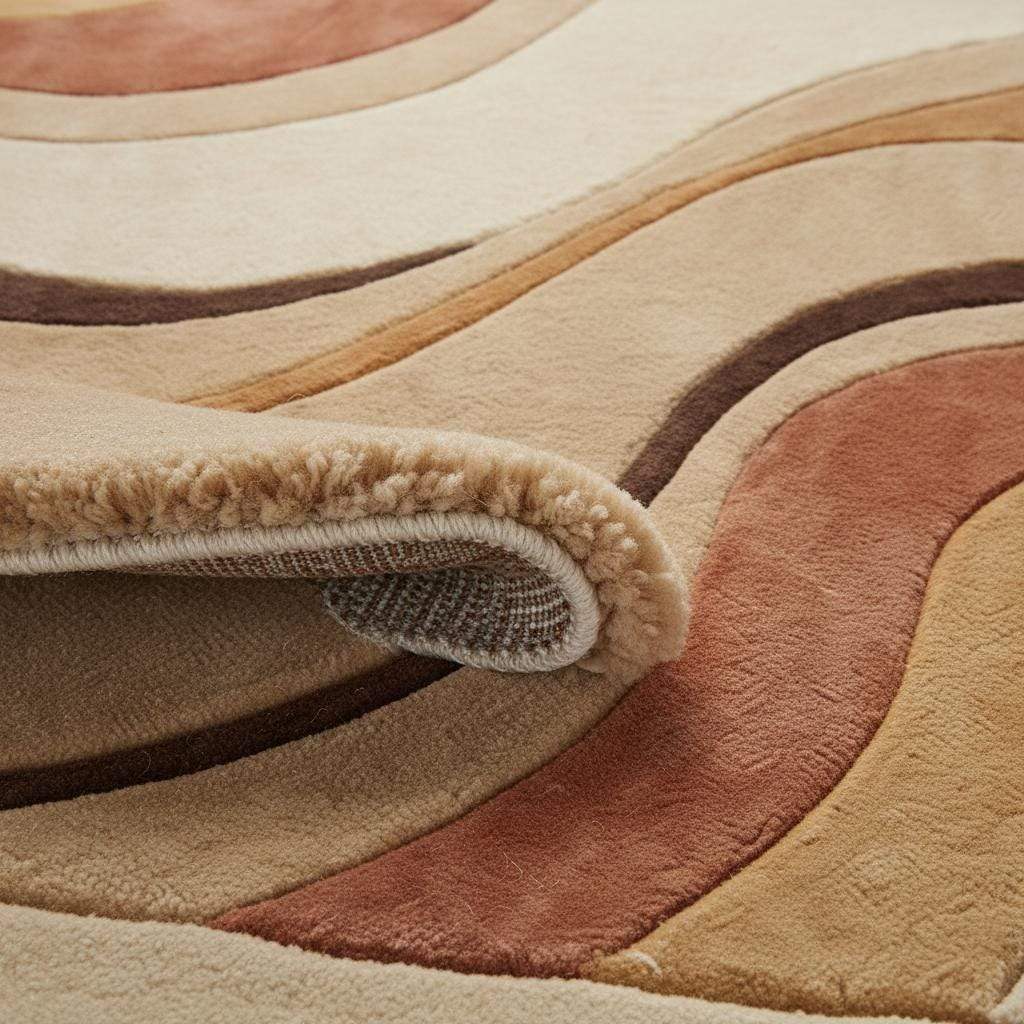 Abstract curved pattern rug with flowing lines and sculpted shapes, inspired by mid century modern design and retro interior styling.