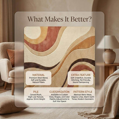 Mid Century Modern Abstract Area Rug, Hand Tufted Plush Wool Rug, Retro Neutral Living Room Carpet, Curved Pattern Designer Rug