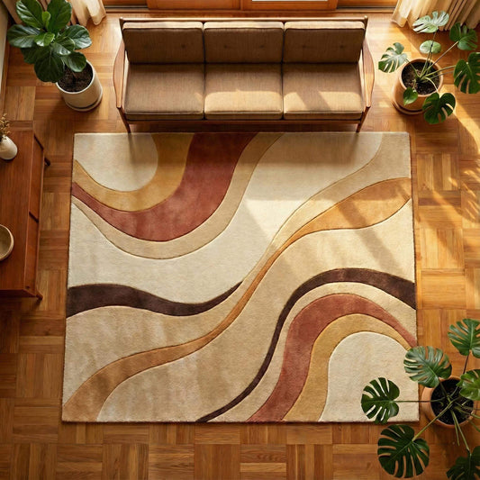 Mid century modern abstract hand tufted plush wool area rug with neutral curved pattern
