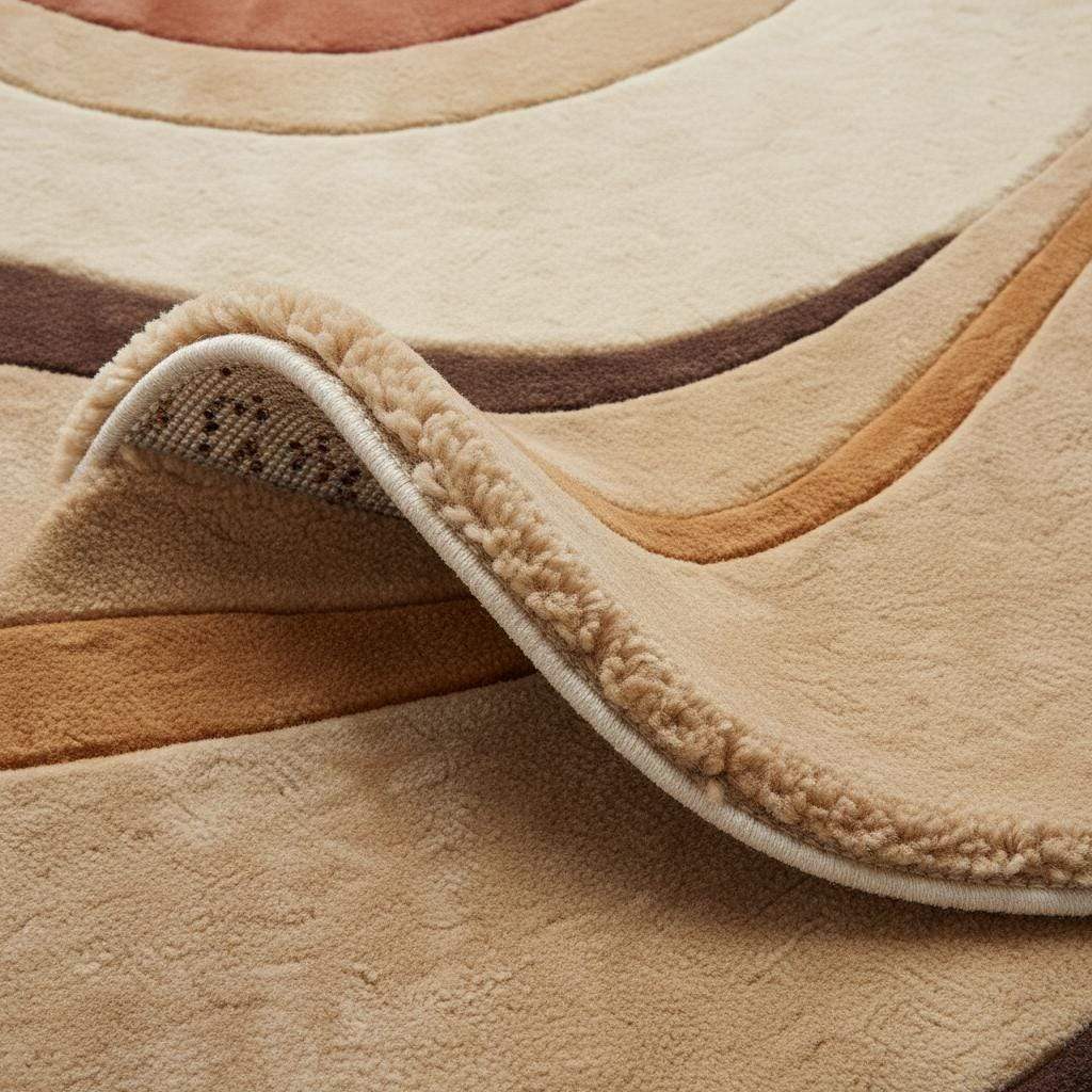 Close-up of hand tufted rug texture showing plush pile height, dense fibers, soft wool surface, and clean carved edges highlighting craftsmanship and comfort.