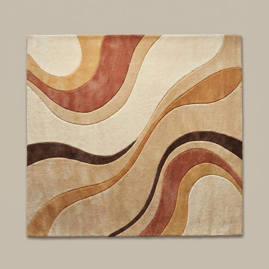 Neutral abstract rug showing ivory base with beige, camel, terracotta, and brown accents, designed to complement modern and minimalist decor.