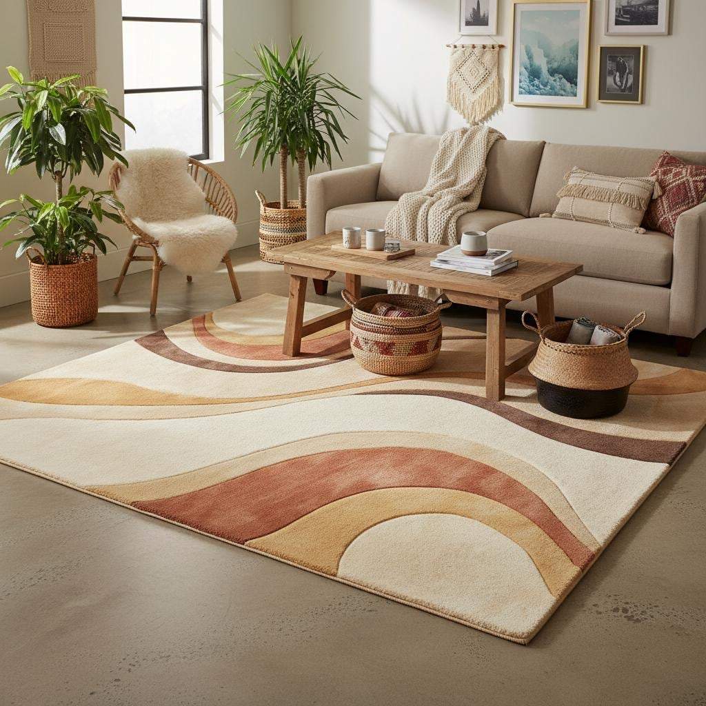 Modern living room featuring a hand tufted abstract rug placed under a sofa, creating a warm mid century inspired interior with neutral tones.