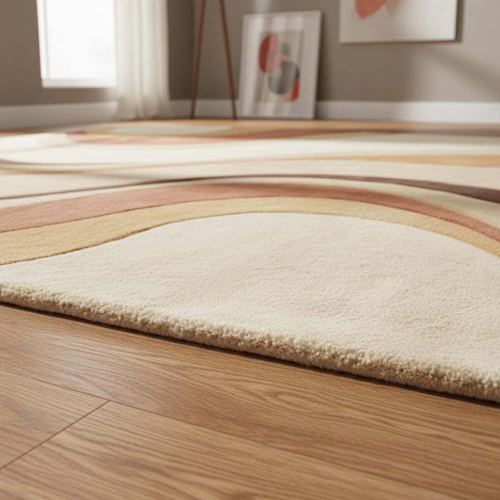 Mid Century Modern Abstract Area Rug, Hand Tufted Plush Wool Rug, Retro Neutral Living Room Carpet, Curved Pattern Designer Rug