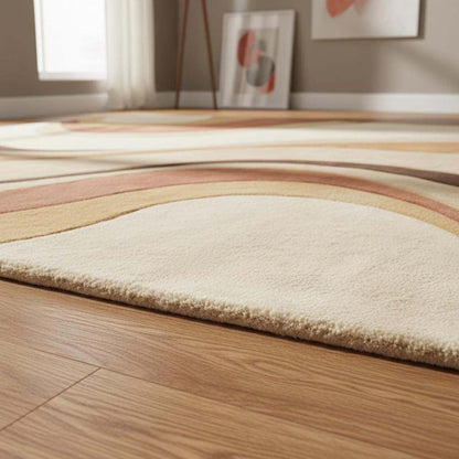 Mid Century Modern Abstract Area Rug, Hand Tufted Plush Wool Rug, Retro Neutral Living Room Carpet, Curved Pattern Designer Rug