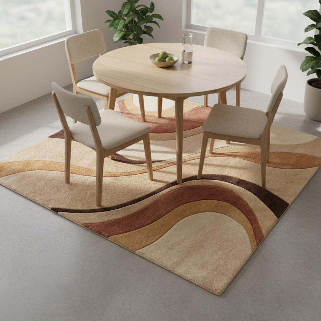 Mid Century Modern Abstract Area Rug, Hand Tufted Plush Wool Rug, Retro Neutral Living Room Carpet, Curved Pattern Designer Rug