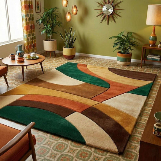 Mid century modern abstract retro area rug with warm earthy tones and flowing curves